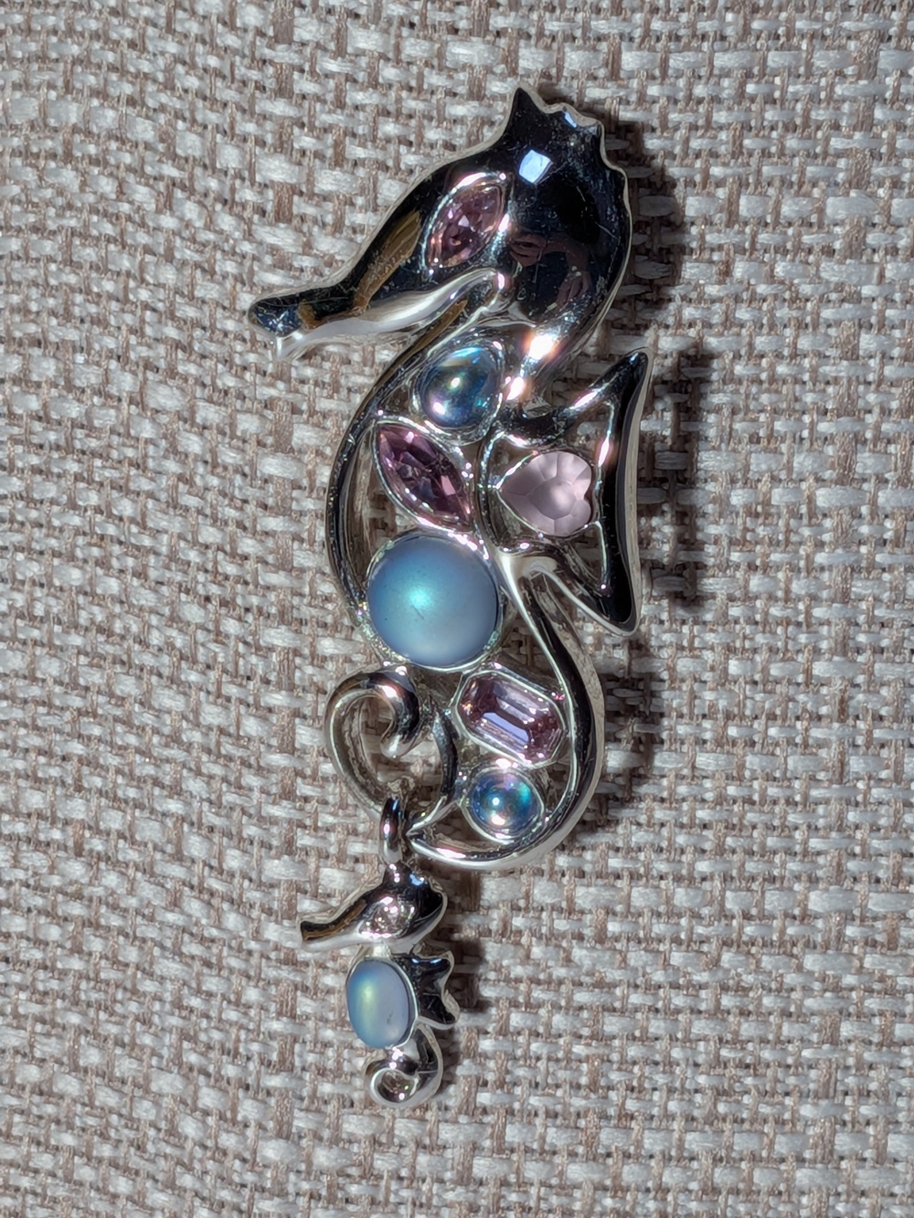 Signed Monet Seahorse Brooch Pin Dangle Baby Seahorse Pink Blue Cabochon Silver